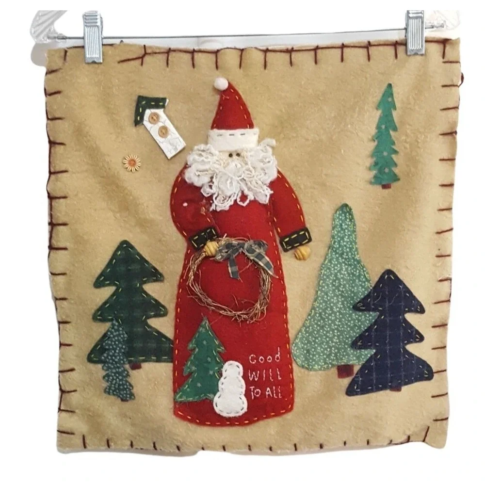 Vintage Santa Pillow Cover 3D Applique Burlap Felt Good Will to All 16 X 16